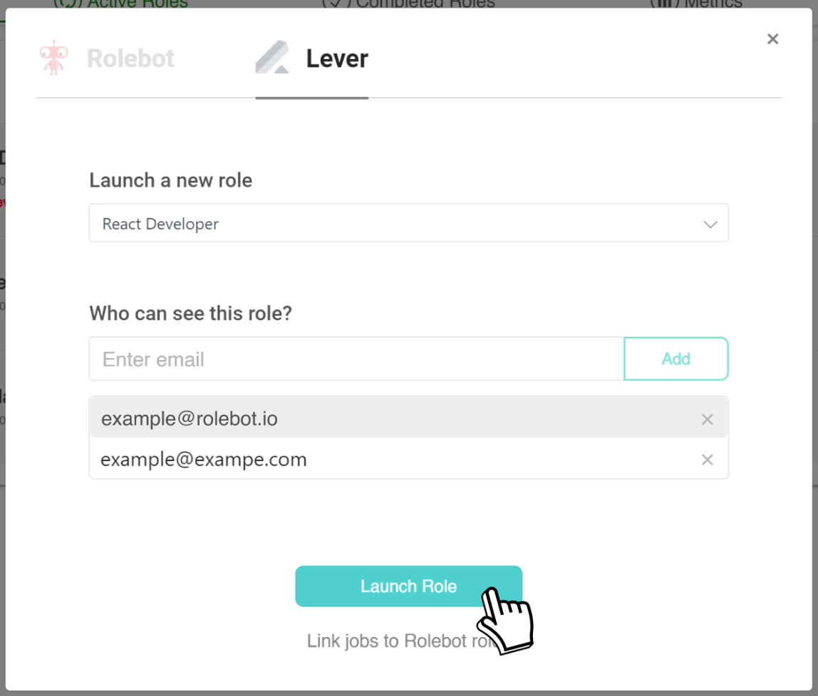 Rolebot platform Lever set up page showing launch new role and email fields with cursor clicking launch role button.