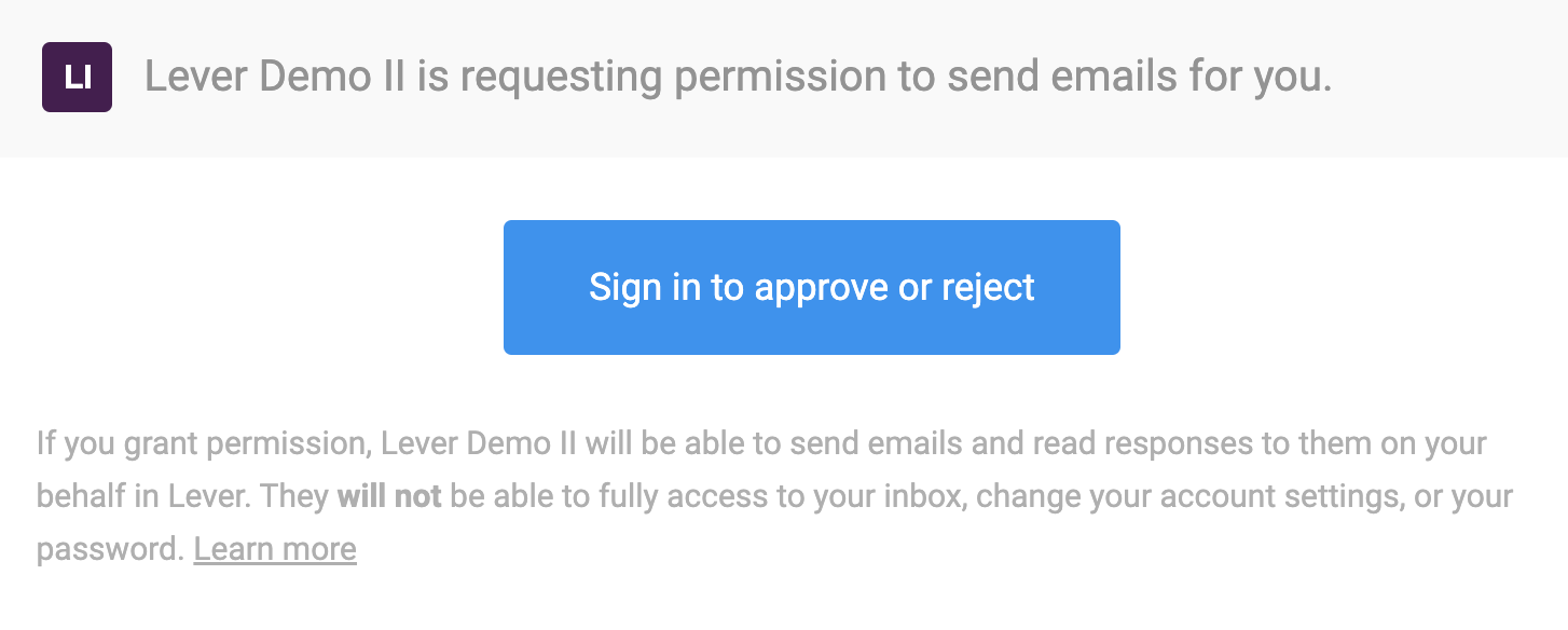 Email received by user for which Send For permission was requested, with button to sign in and approve or reject.