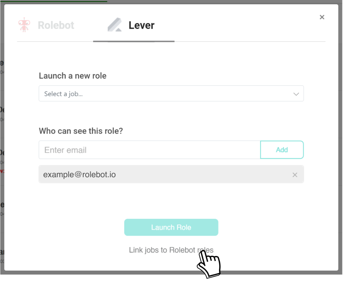 Rolebot platform with Lever add modal with cursor clicking link jobs to rolebot roles.