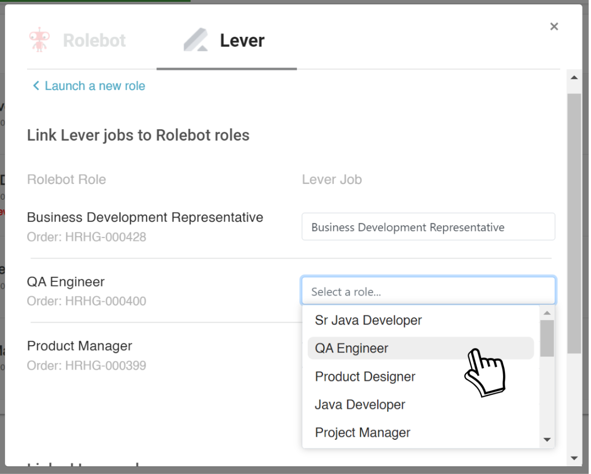 Rolebot platform with Lever add modal showing list of rolebot roles and lever job role selector fields dropdown menu.