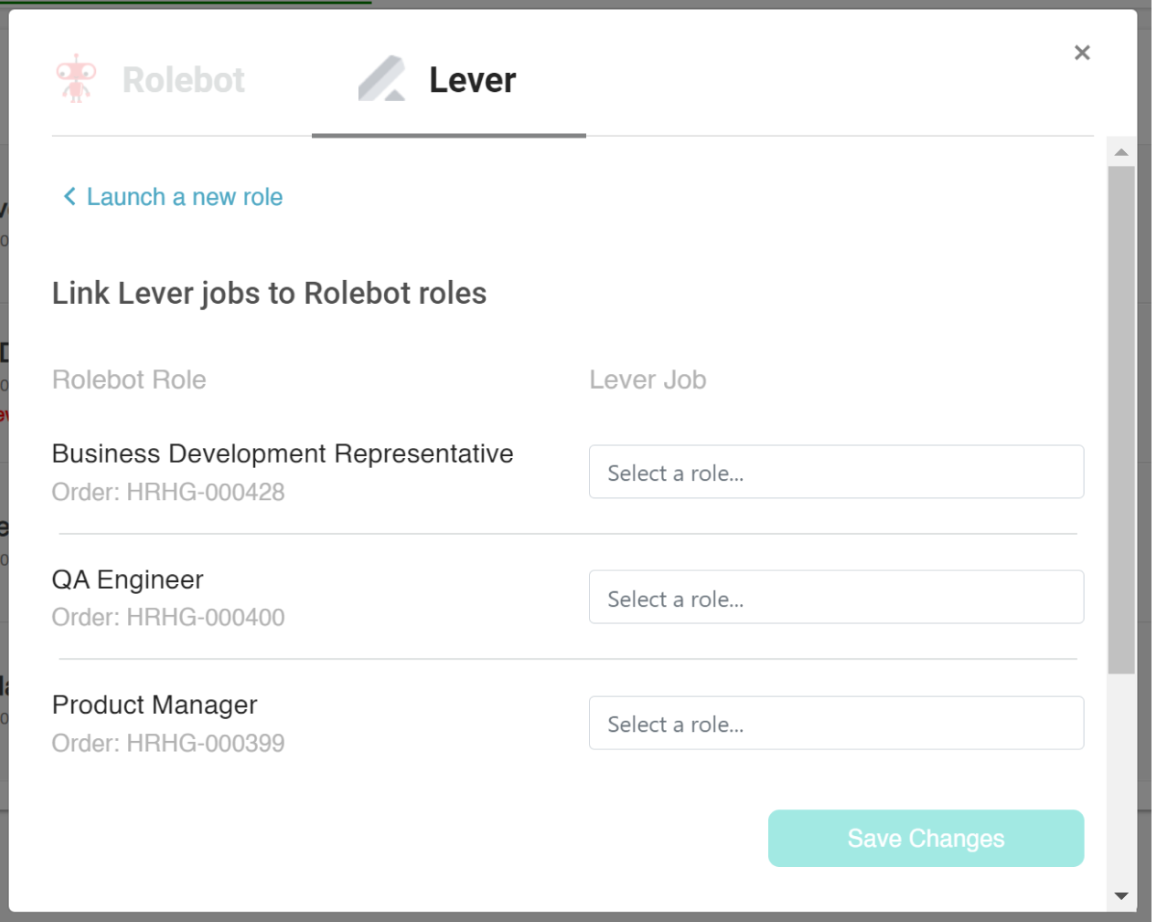 Rolebot platform with Lever add modal showing list of rolebot roles and lever job role selector fields.