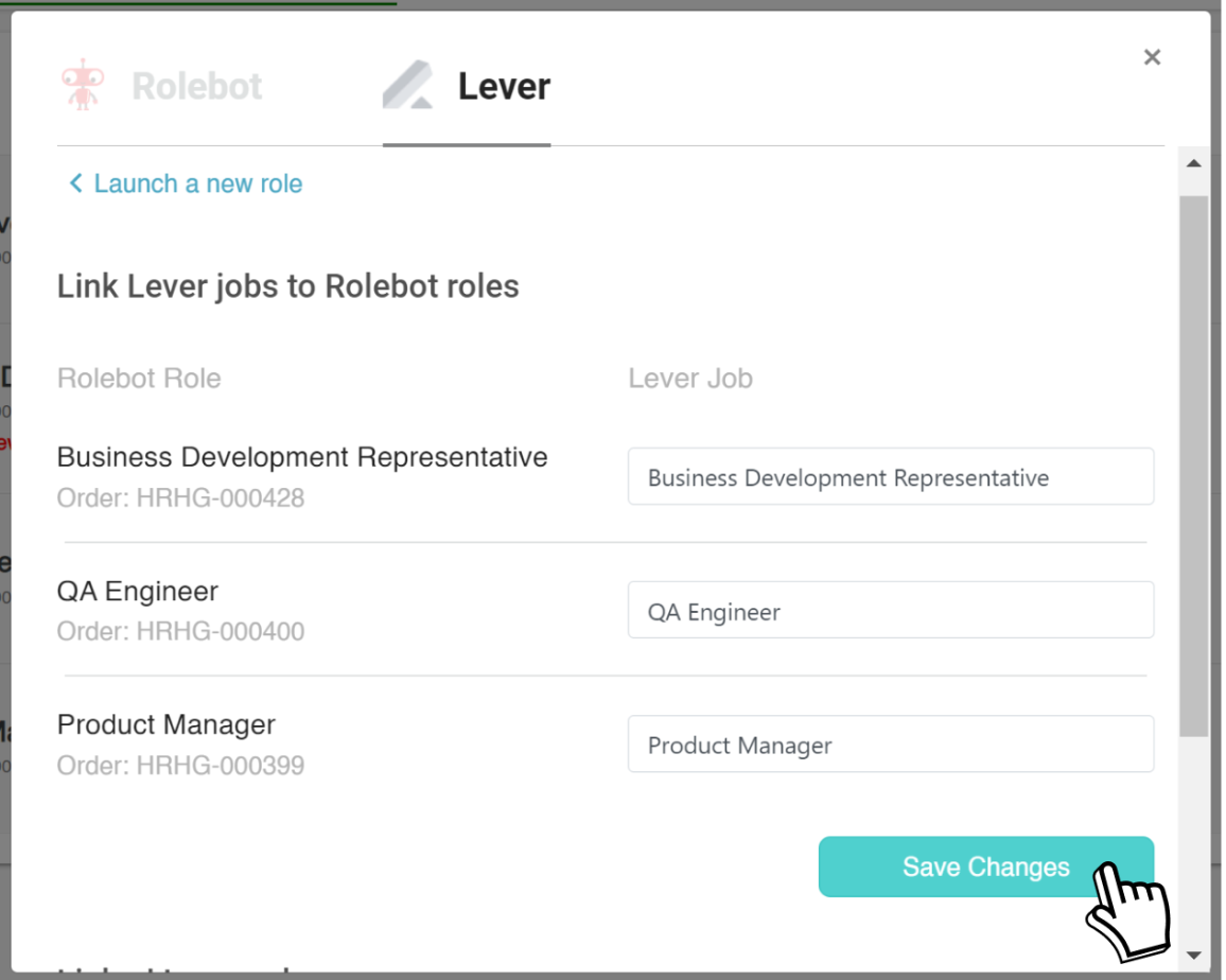 Rolebot platform with Lever add modal showing list of rolebot roles and lever job role selector fields and save changes button.