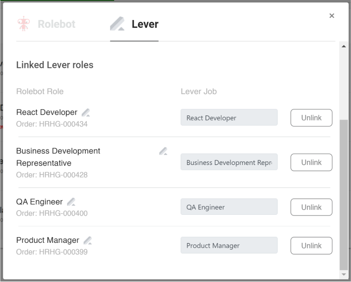 Rolebot platform with Lever add modal showing list of rolebot roles and lever jobs selected.