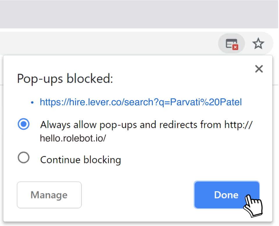 Pop up blocked notification with always allow pop-ups and redirects from rolebot option selected and blue done button.