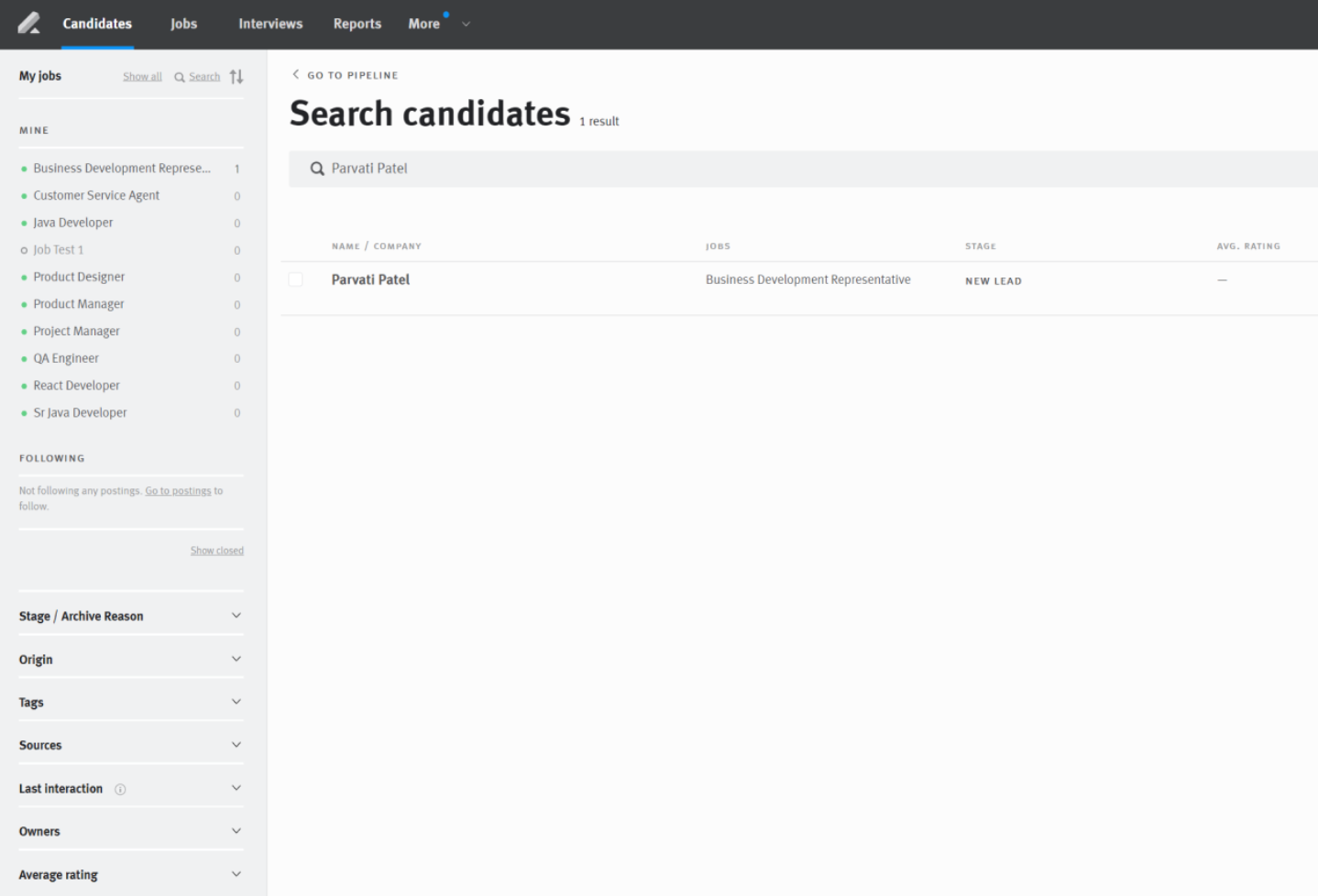 Lever search candidates page.