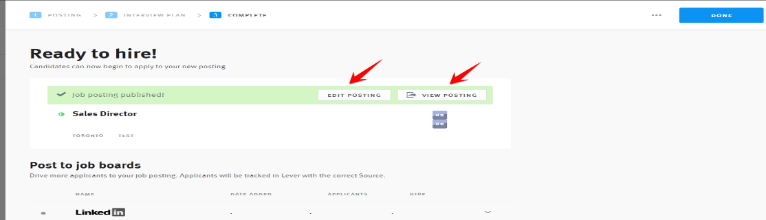 Lever platform job posting with arrows pointing to edit posting and view posting buttons