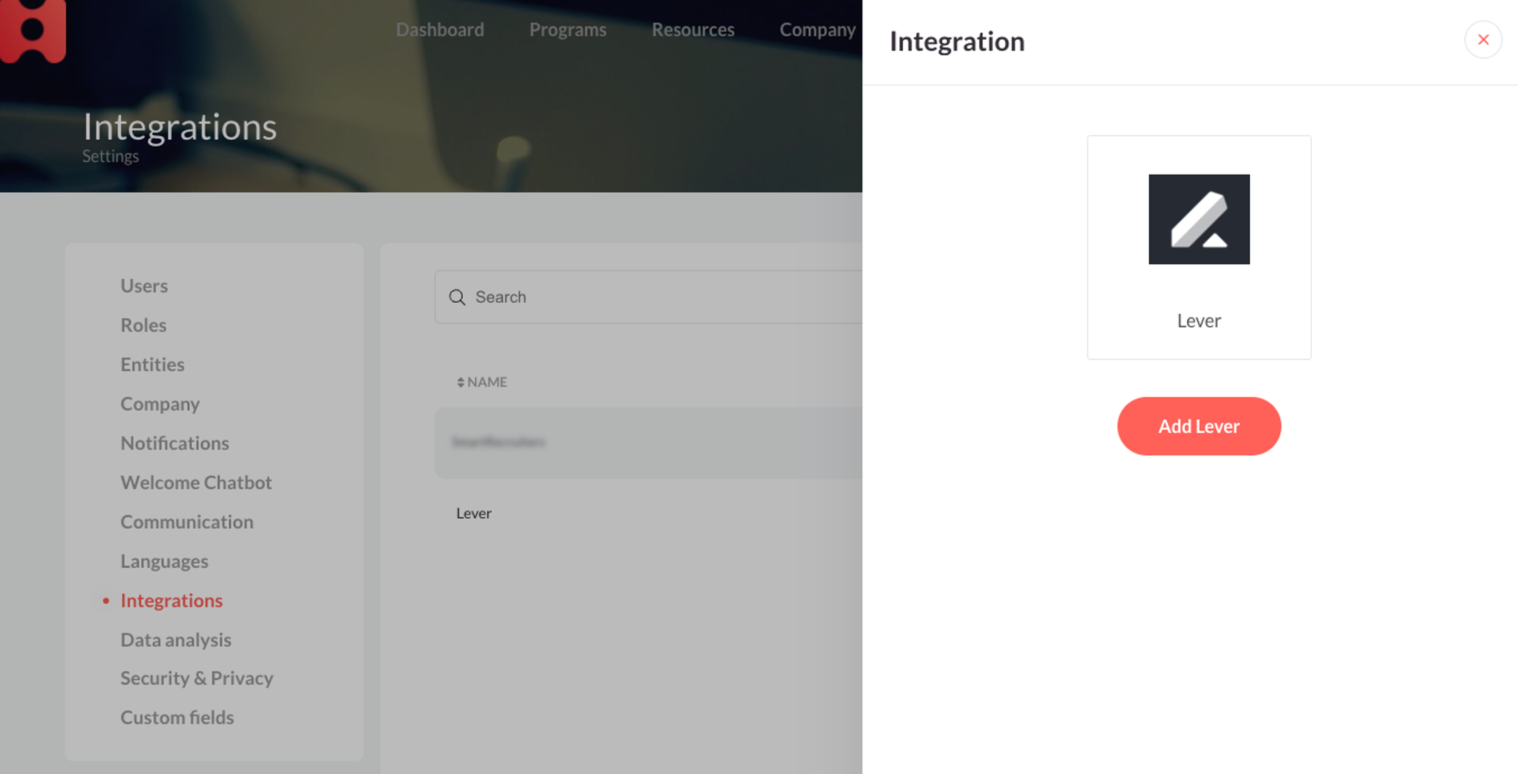 HeyTeam platform integrations page showing lever listing and add lever button