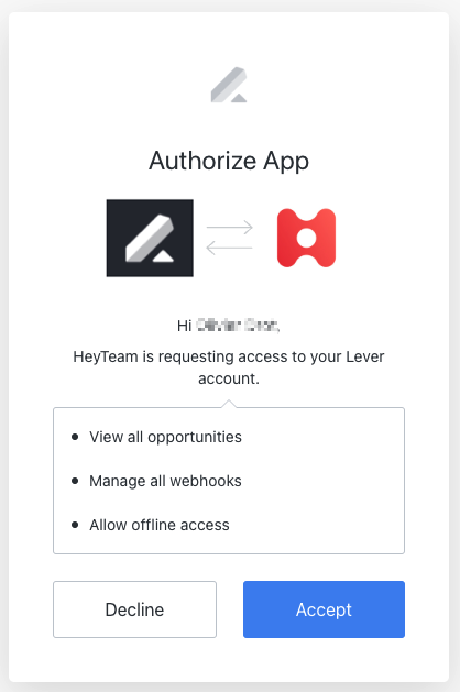 Lever authorize app modal showing list of permissions and blue accept button