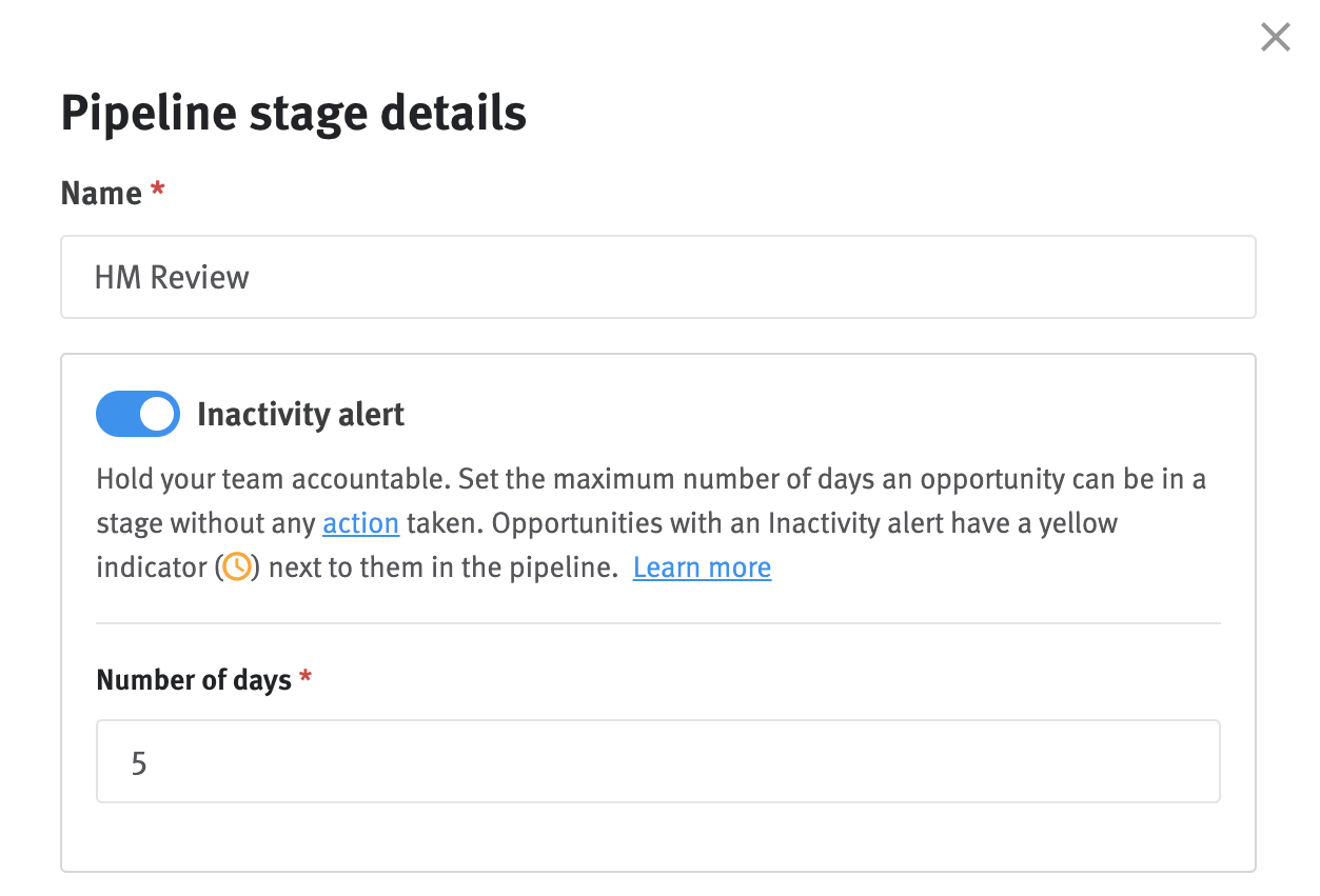 Pipeline stage details modal with inactivity alert toggle in 'on' position and five day limit set.