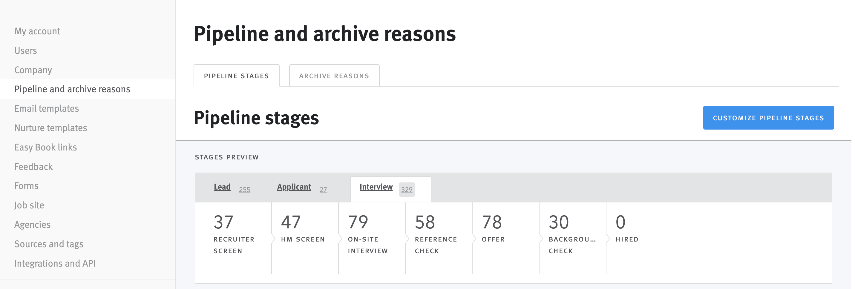 Pipeline and archive reasons settings page.