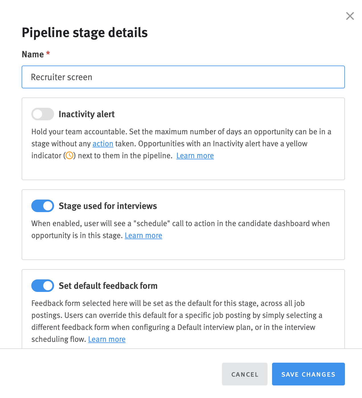 Pipeline stage details modal
