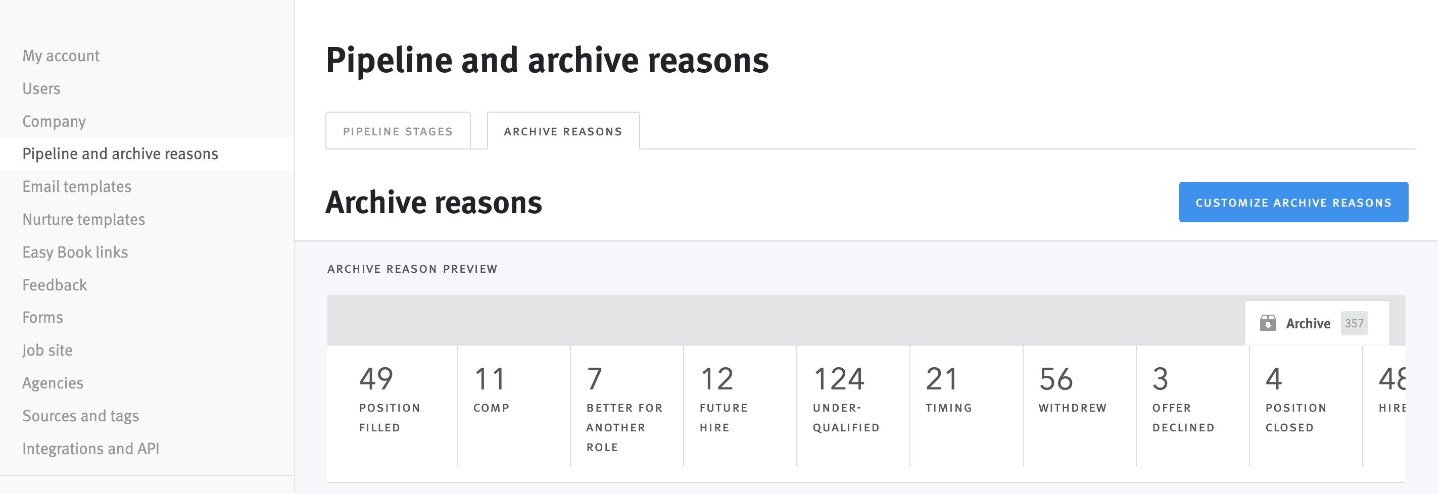 Pipeline and archive reasons Settings page.