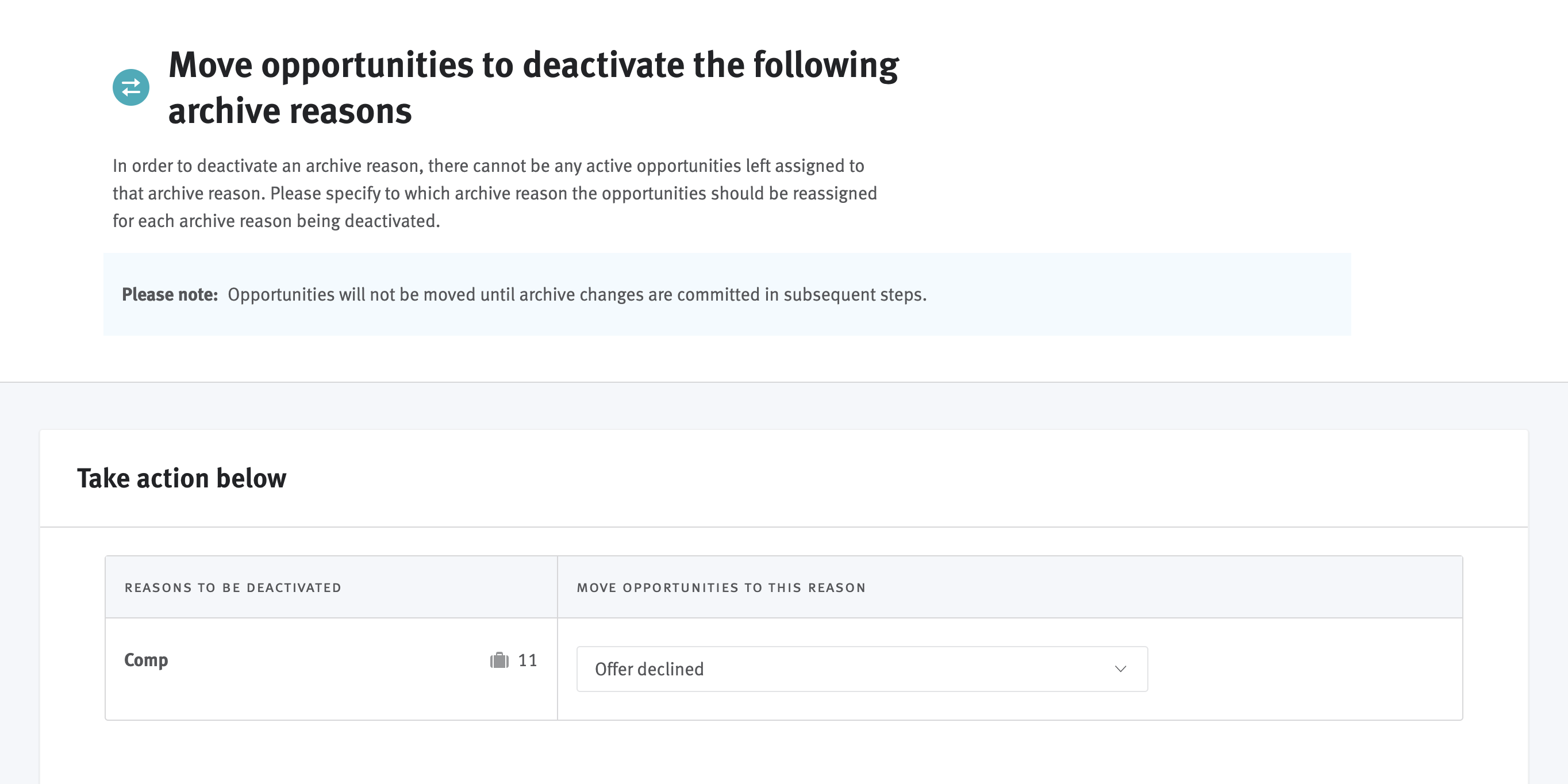 Move opportunities page in archive reason configuration workflow. One reason slated for deactivation is listed with a new reason selected to which to reattribute opportunities.