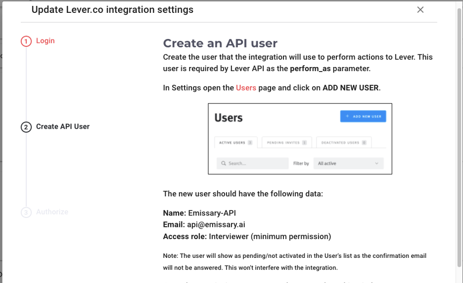 Emissary authorize page showing authorize app modal and list of permissions