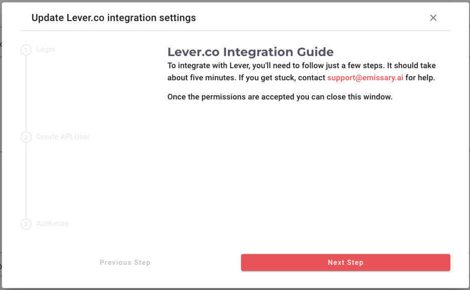 Emissary lever.co integration guide with red next step button