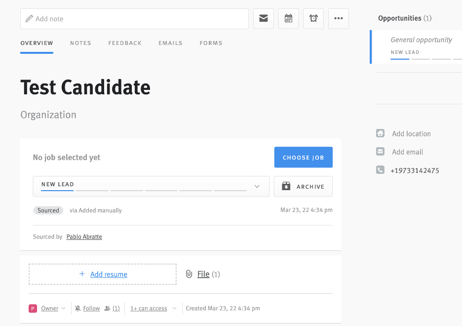 Lever candidate profile with emissary transcript listing