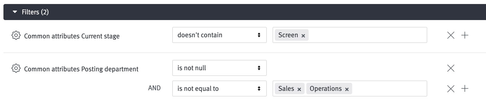 Two data fields added as filters in the Filters section of the chart builder.