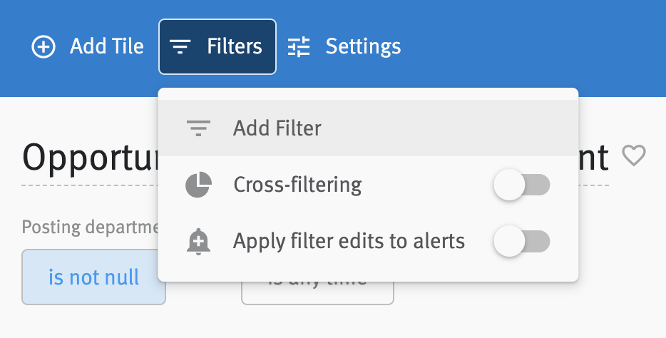Menu extending from Filters button in header of custom dashboard edit view. Add Filter option highlighted on hover.