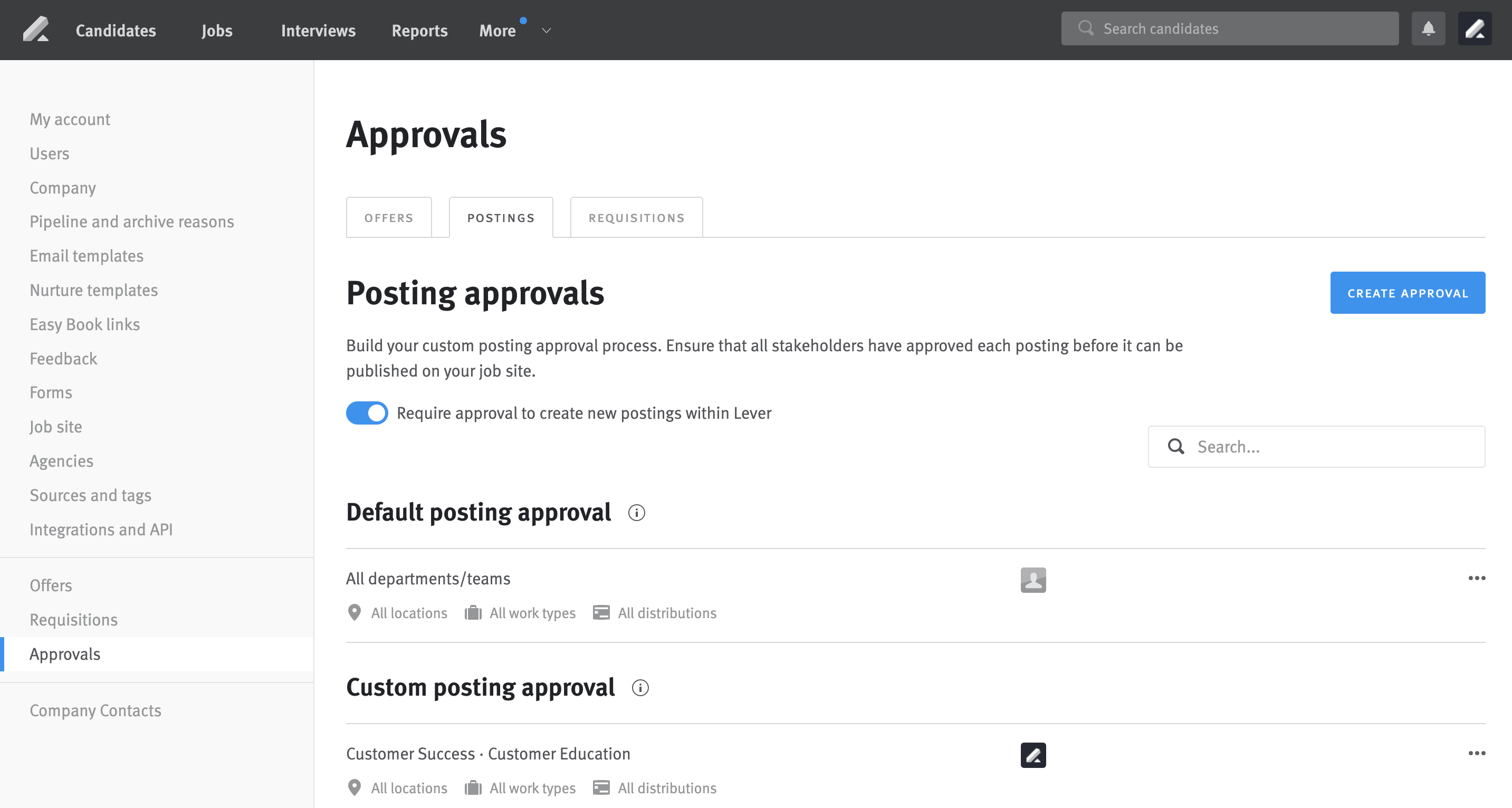 Approvals section of Lever Settings, Postings tab selected