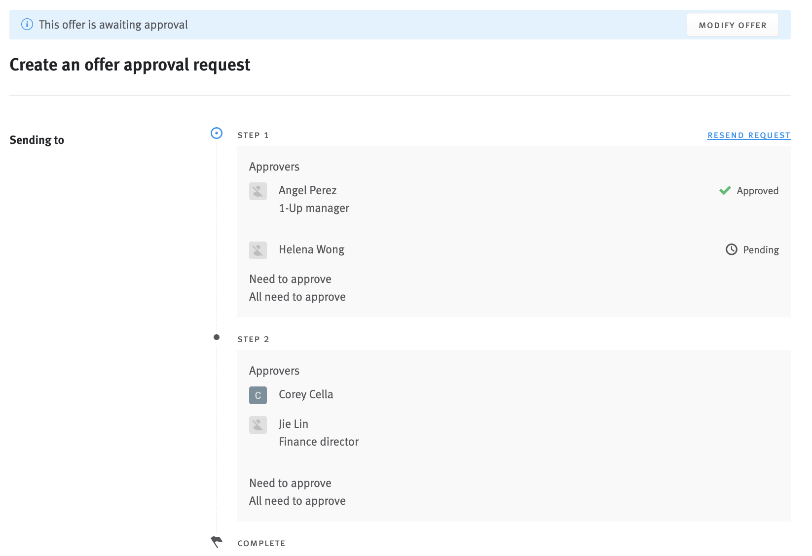 Multi-step offer approval chain shown in offer approval modal with one approval granted and one approval pending. Banner is shown at top of the modal containing a Modify Offer button.