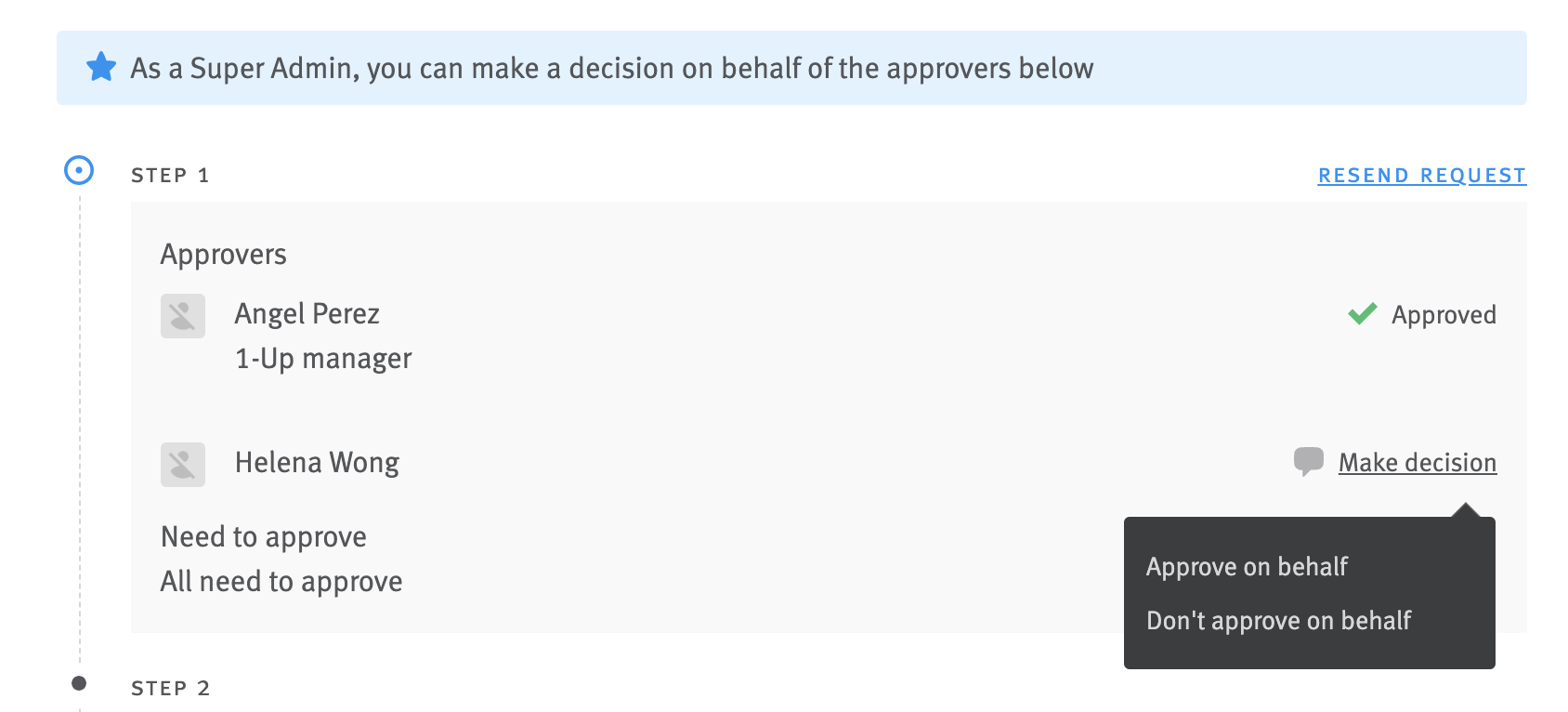 Close up of offer approval modal with banner reading that as a Super Admin the user can make a decision on behalf of the approvers listed below. A pop over extends from the words 'Make decision' beside of of the approvers names, with options to approve on behalf or don't approve on behalf.