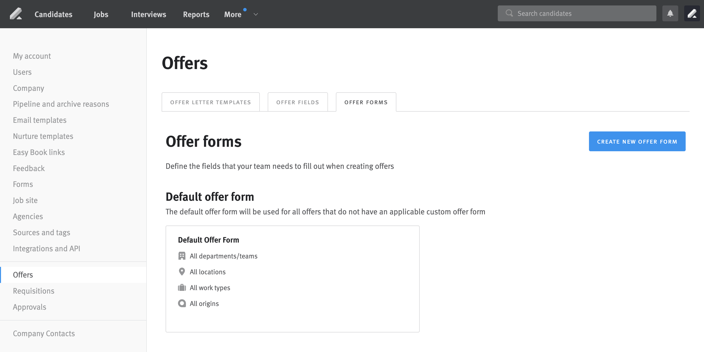 Offer Form Settings page