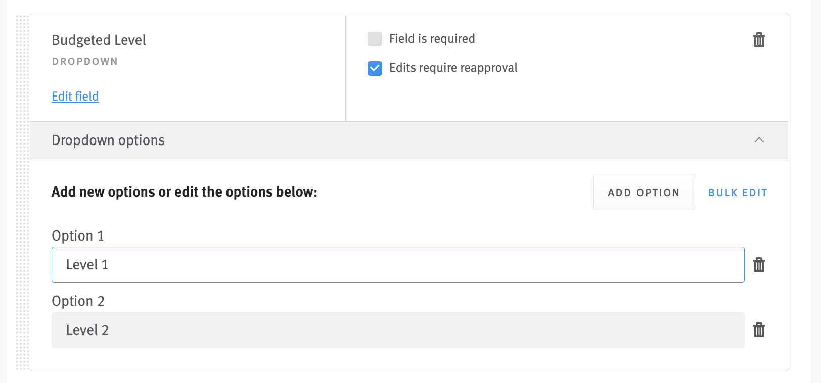 Dropdown options in newly added field in offer form editor.