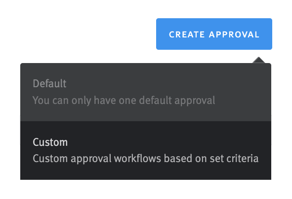 Close-up of Create Approval button with menu containing Default and Customs option. Custom option is highlighted on hover.