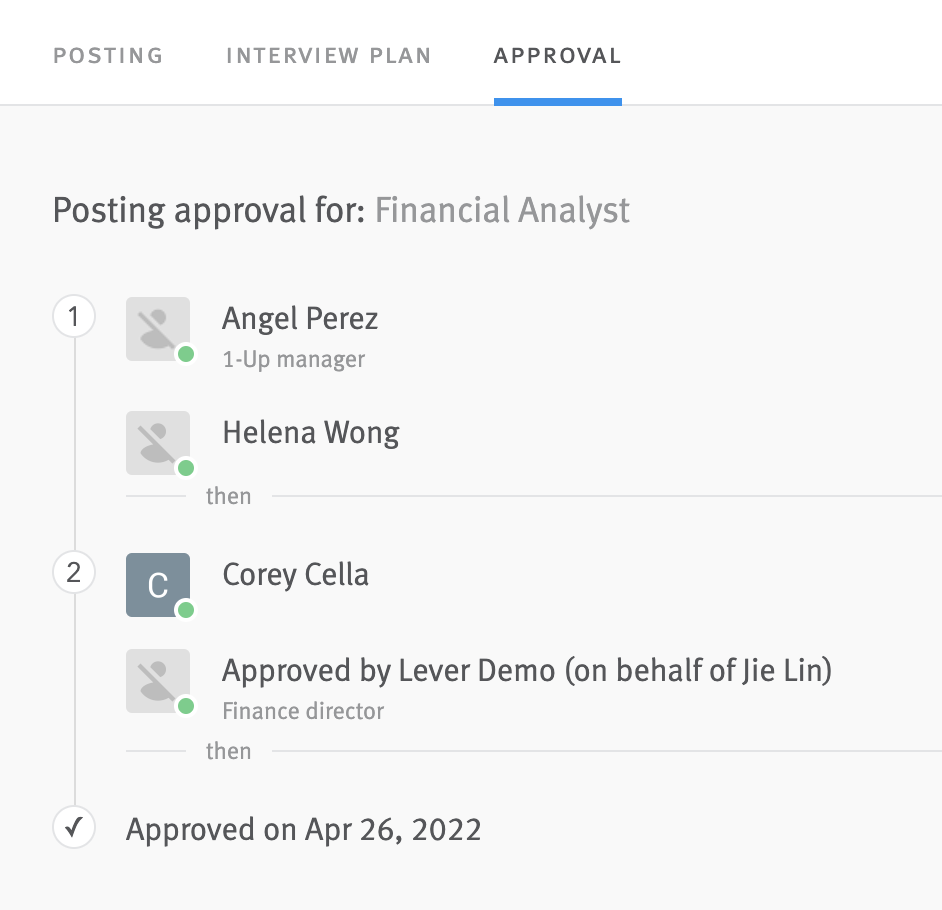 Close up of approval chain in posting editor with all approvers marked as approved.