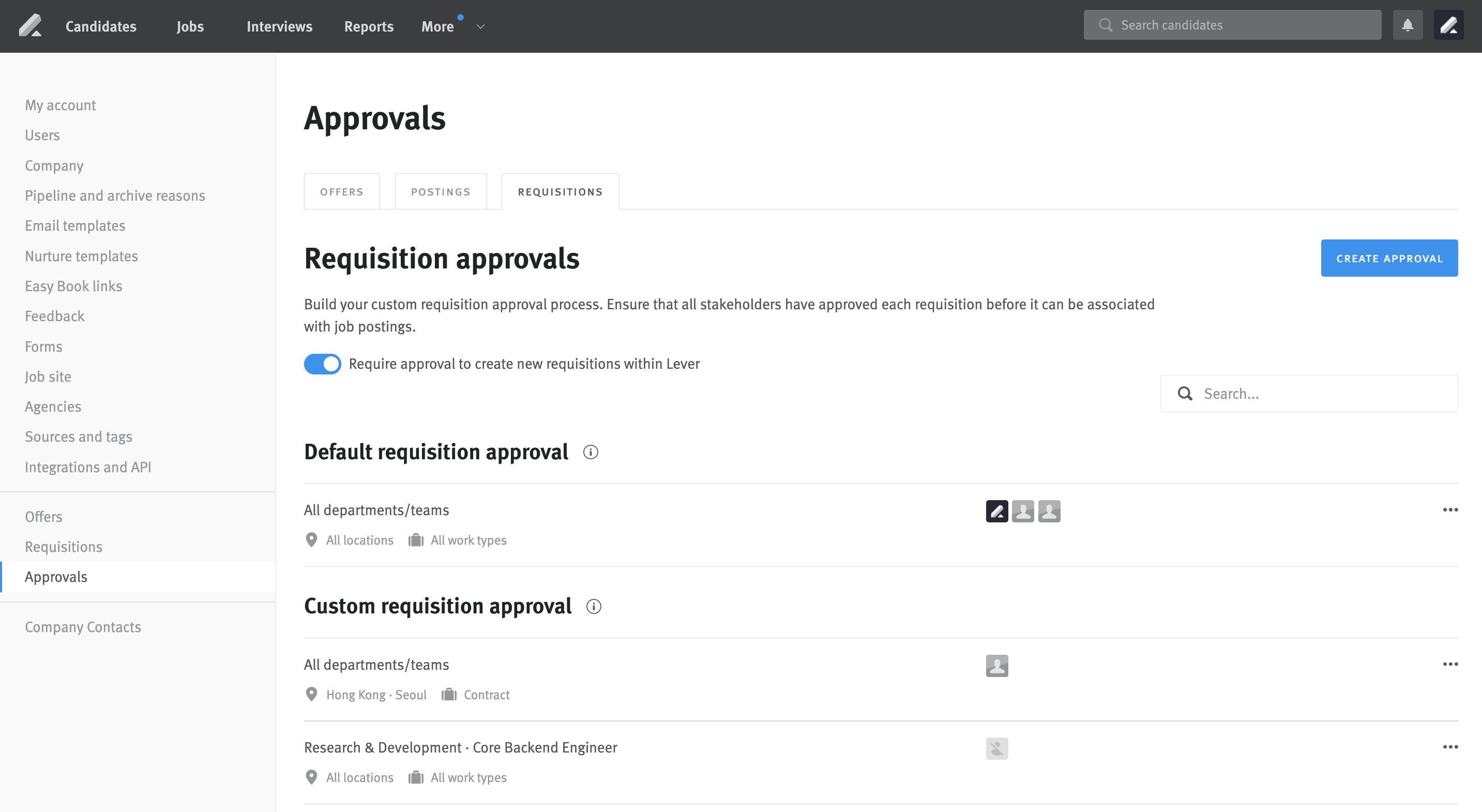 Approvals section of Lever Settings, Requisitions tab selected