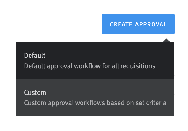 Close-up of Create Approval button with menu containing Default and Custom options. Default option is highlighted on hover.