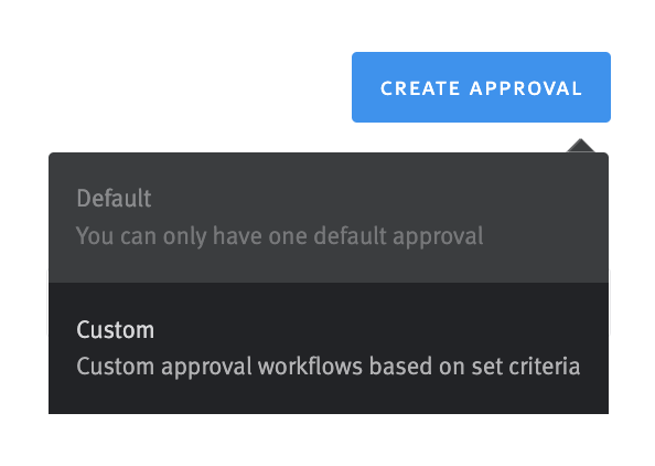 Close-up of Create Approval button with menu containing Default and Custom options. Custom option is highlighted on hover.