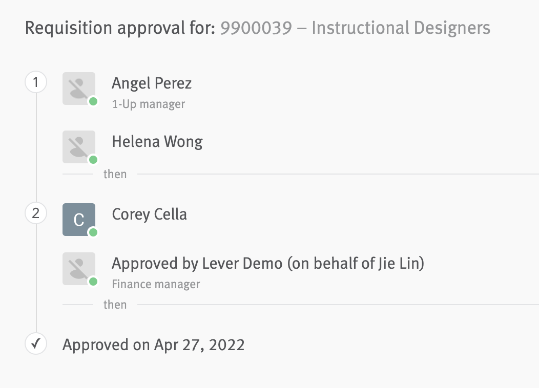 Close up of approval chain in requisition editor with all approvers marked as approved.