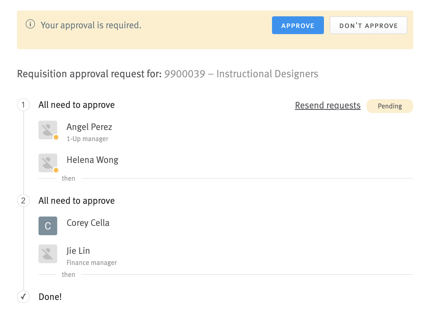 Approval request in requisition editor.