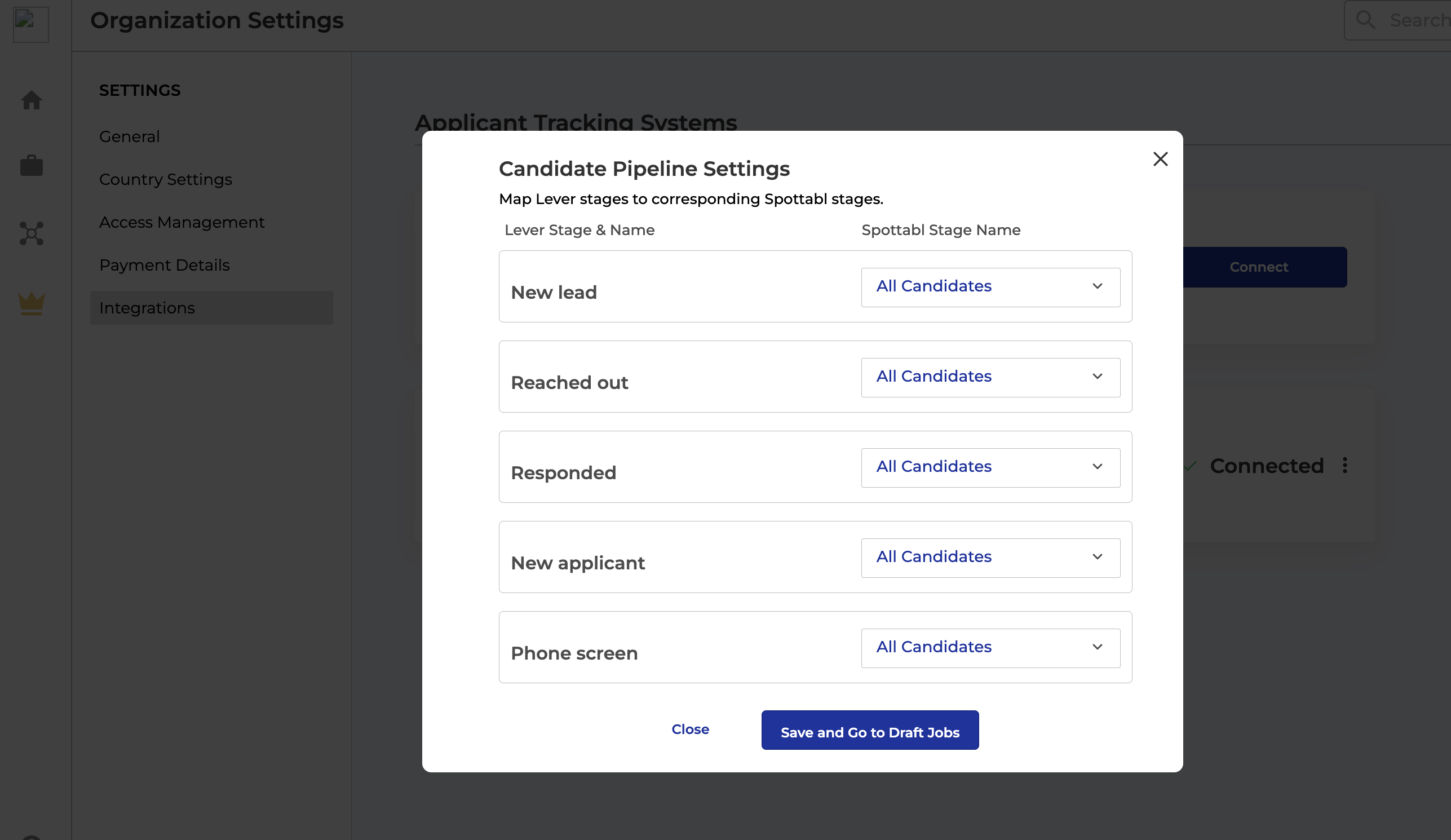 Spottabl platform candidate pipeline settings modal.