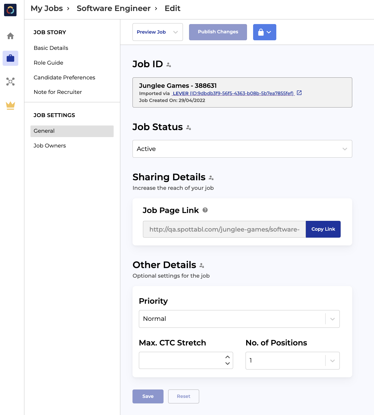 Spottable platform jobs tab general Job ID settings.