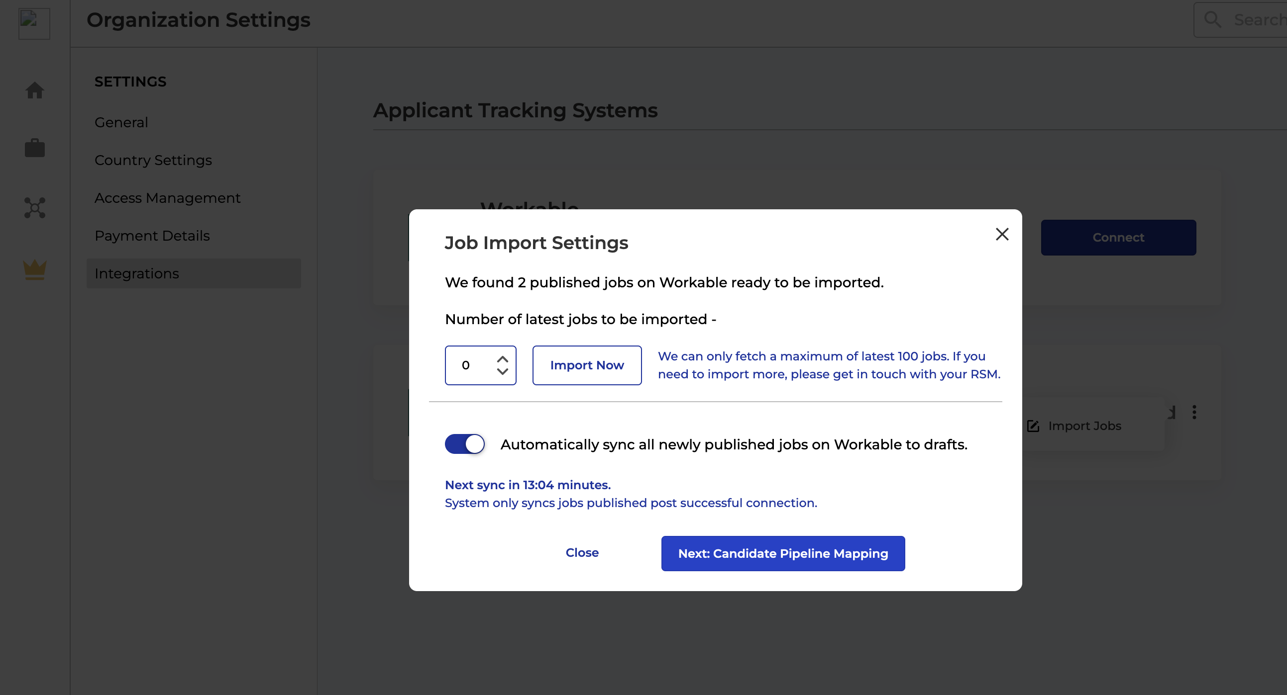 Spottabl platform job import settings modal with automatically sync all newly published jobs toggle on.