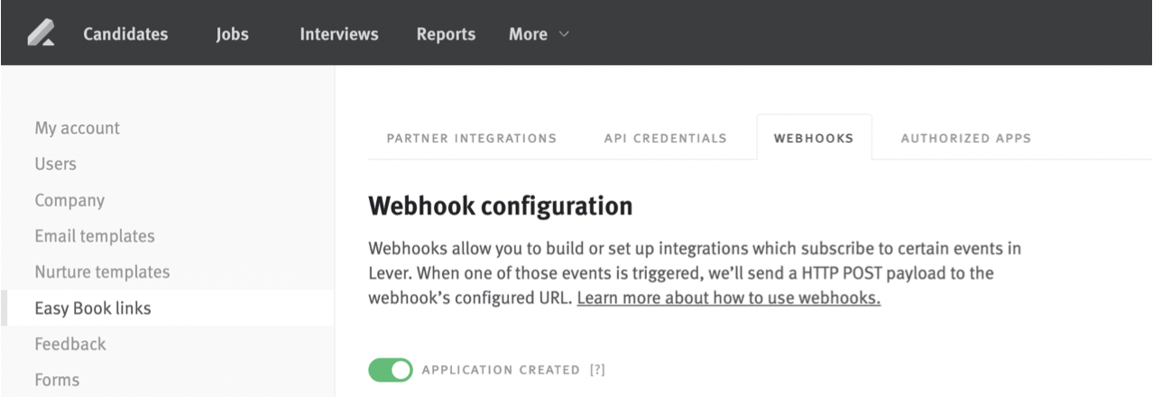 LEver platform webhook configuration settings