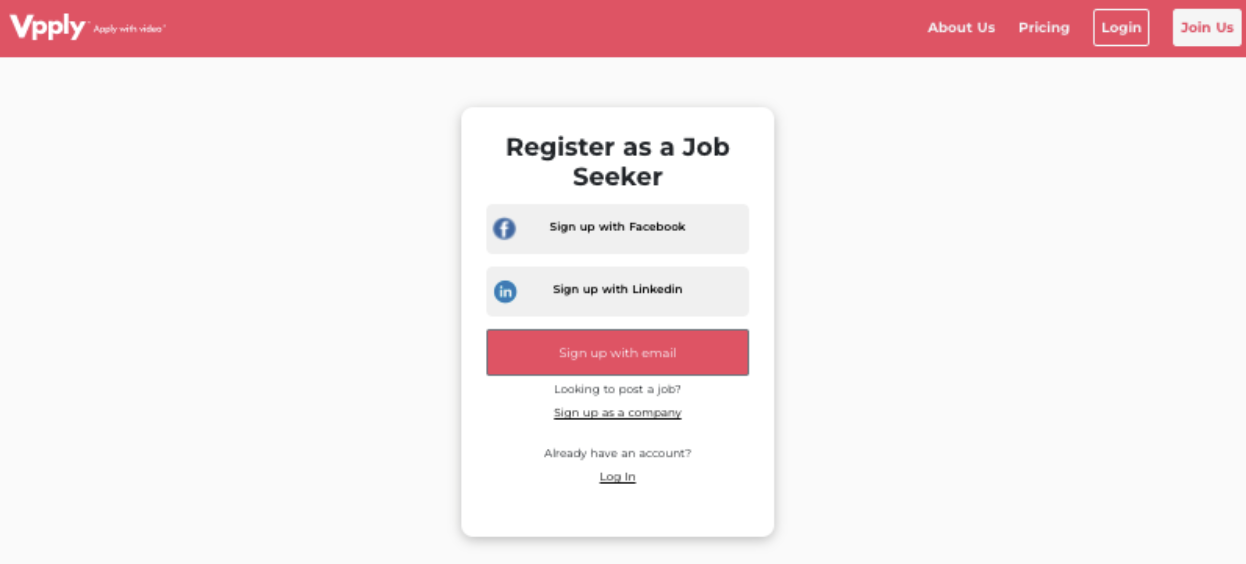 Vpply platform register as a job seeker modal.
