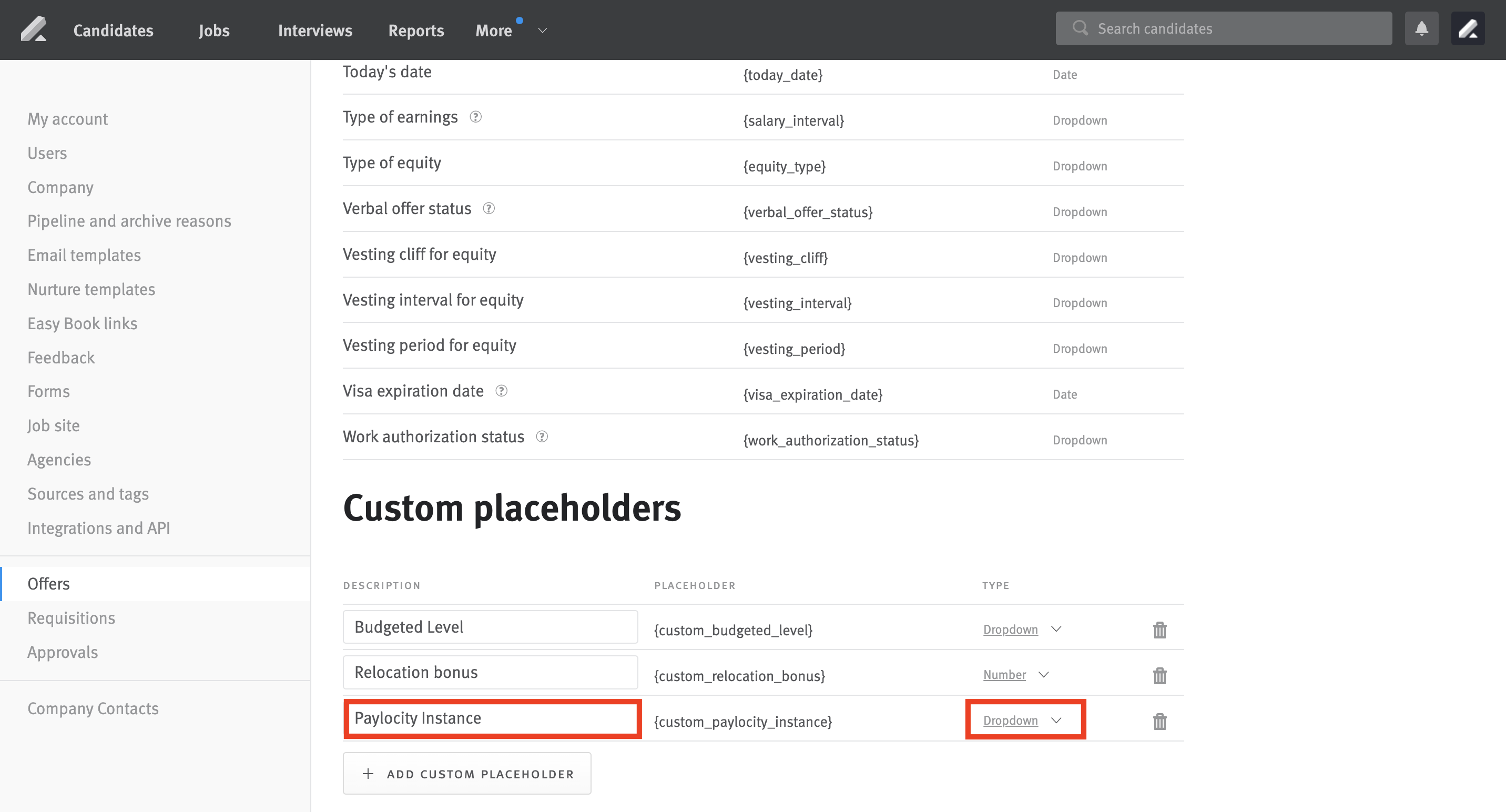 Offer fields list with Paylocity instance custom placeholder circled.