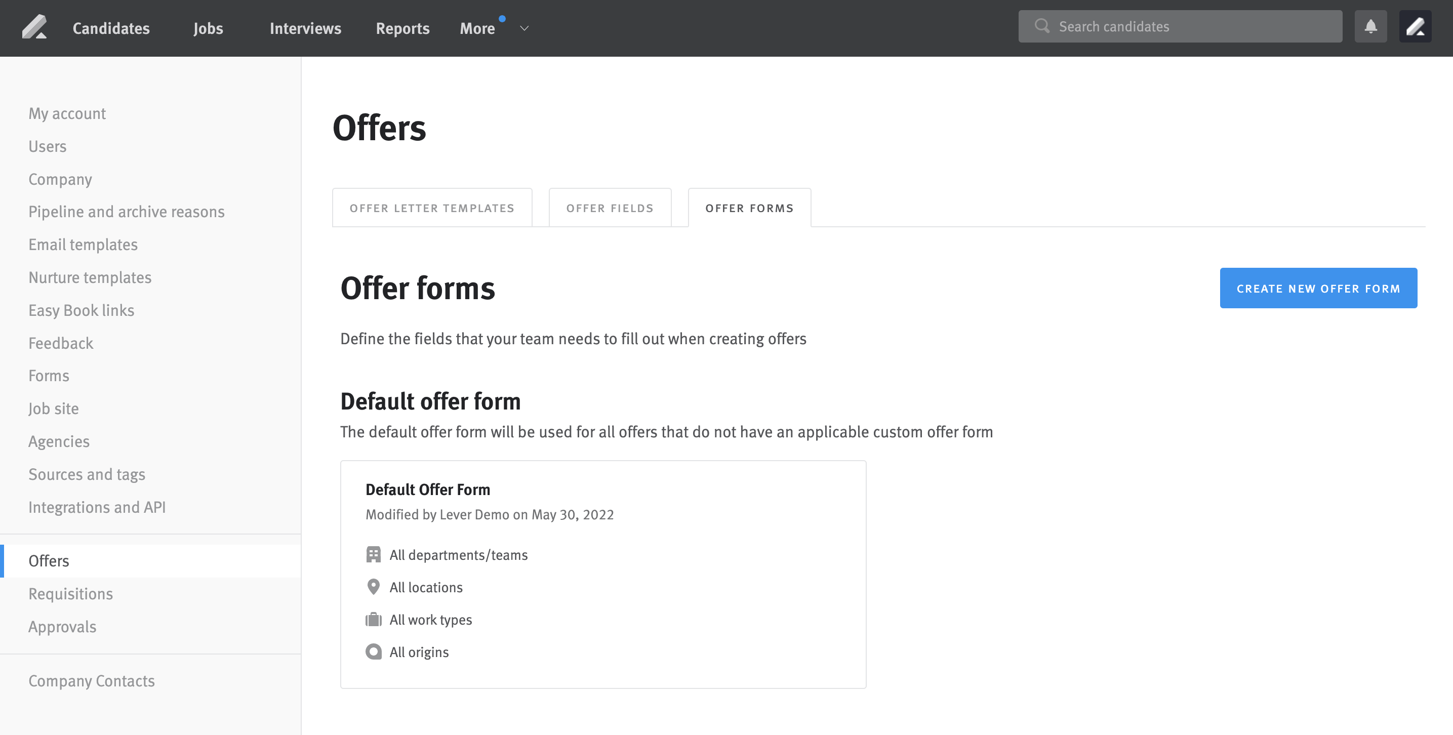 Offer forms page of Offer settings.