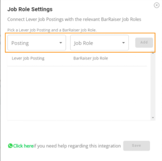 BarRaiser job role settings modal with posting dropdown and job role dropdown menus outlined.