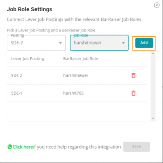 BarRaiser job role settings modal with posting and job role selected and add button outlined.