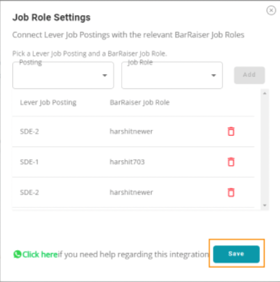 BarRaiser job role settings with save button outlined.