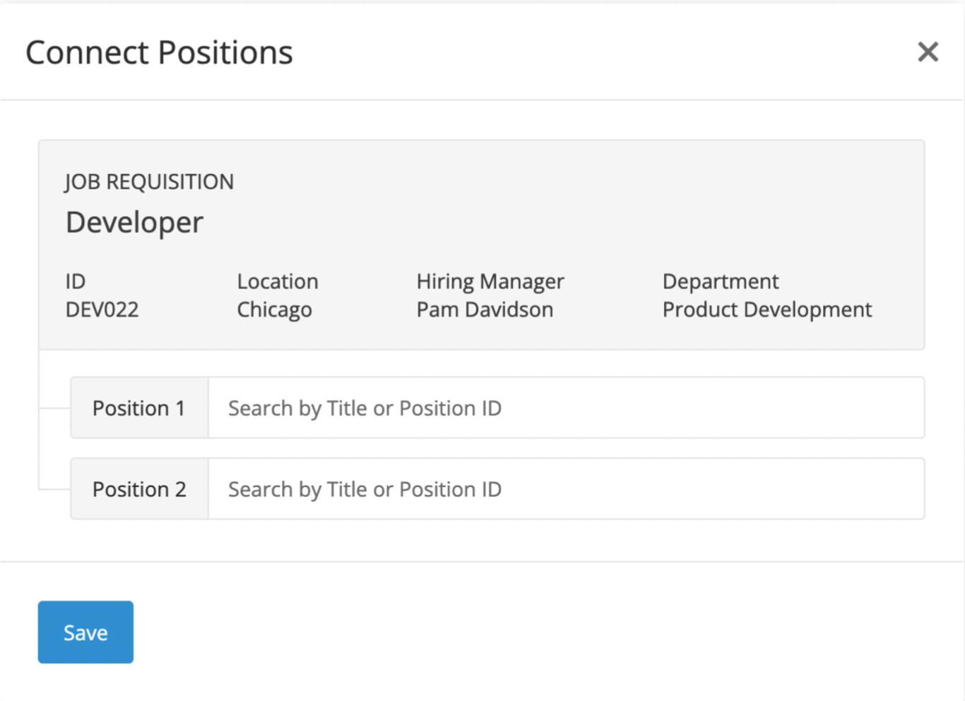 Lever connect positions modal with job requisition and two job position fields