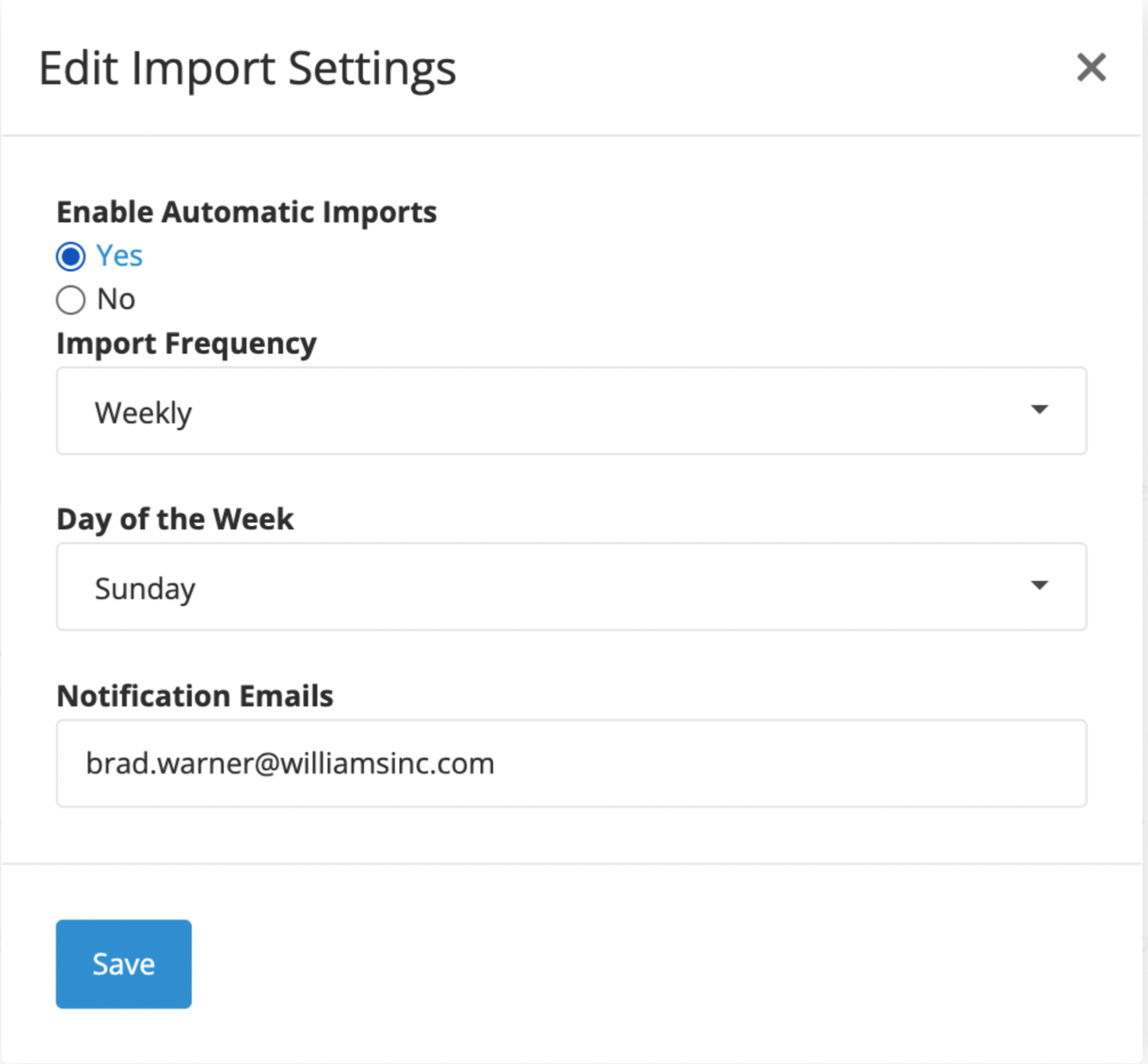 Edit import settings modal showing import frequency fields
