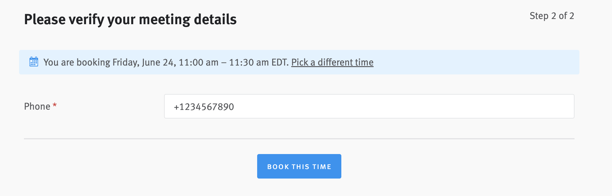 Meeting details verification page shown to a candidate after they have selected an available time slot.