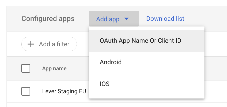 Close up of Configured apps table, with OAuth App Name or Client ID option highlighted in menu extending from Add app in table header.