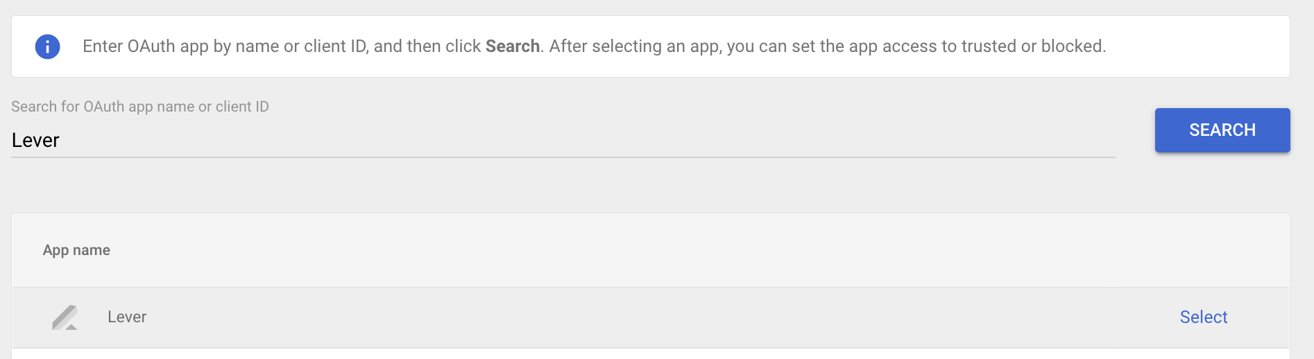 App search list with Lever typed into search field.