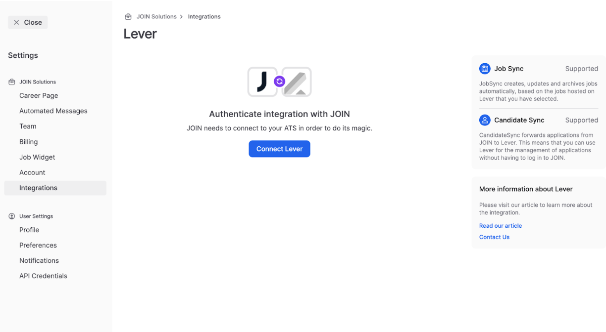 JOIN platform showing authenticate integration with JOIN page with blue connect lever button